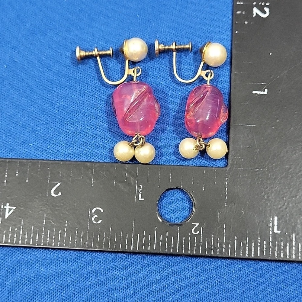 Vintage Screwback Earrings Beaded Pink Stone‎ Faux Pearl Drop Dangle - Picture 3 of 3